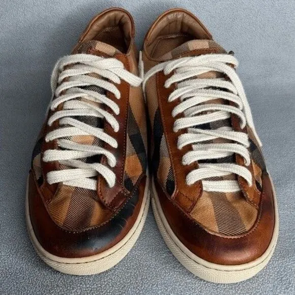 Burberry Beige Leather Nova Check Canvas Low Top Sneakers Women Size 39/US8.5