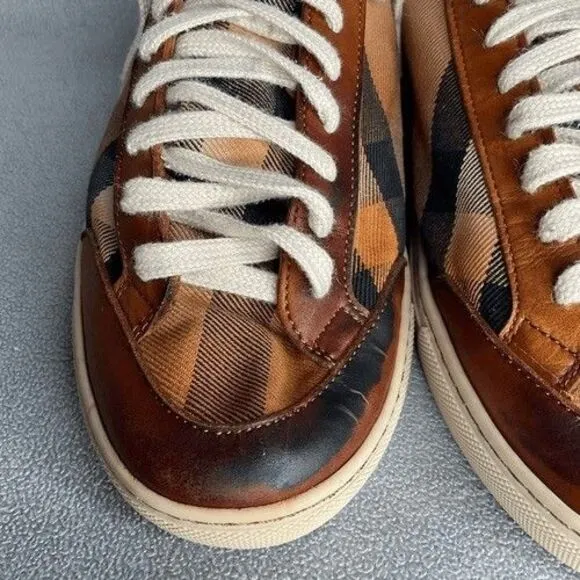 Burberry Beige Leather Nova Check Canvas Low Top Sneakers Women Size 39/US8.5
