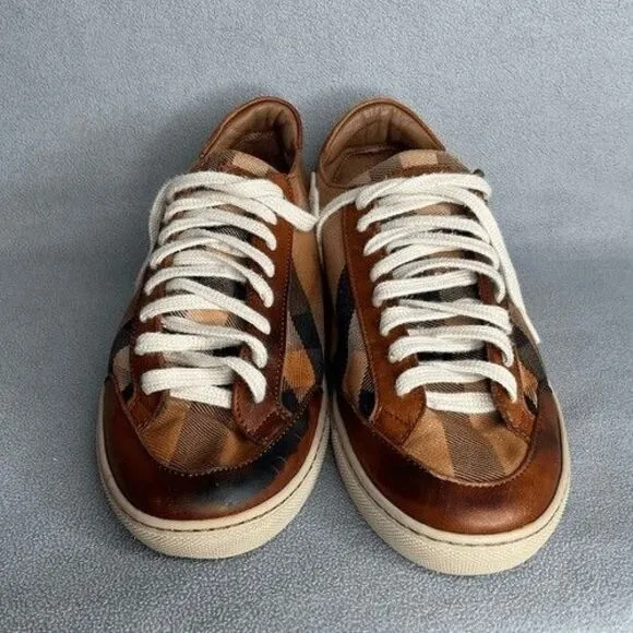 Burberry Beige Leather Nova Check Canvas Low Top Sneakers Women Size 39/US8.5