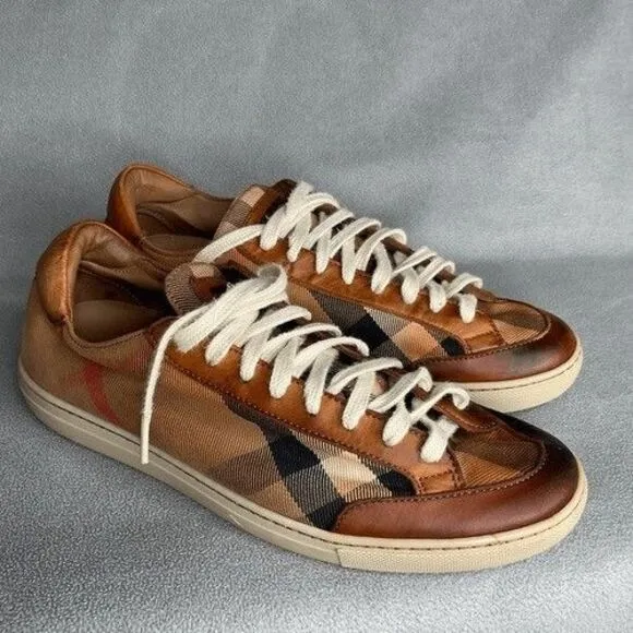 Burberry Beige Leather Nova Check Canvas Low Top Sneakers Women Size 39/US8.5