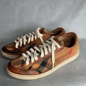Burberry Beige Leather Nova Check Canvas Low Top Sneakers Women Size 39/US8.5