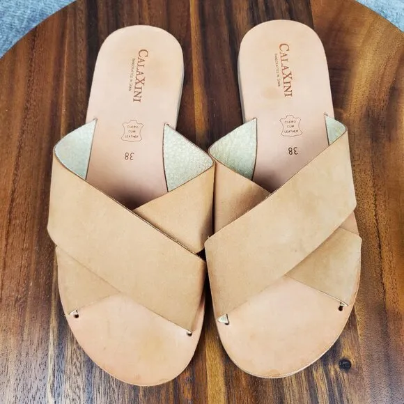CalaXini Sandals Women's 8 38 Beige Tan Leather Slip On Flat Comfort Slides