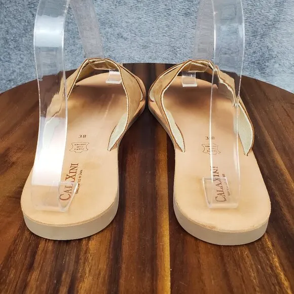 CalaXini Sandals Women's 8 38 Beige Tan Leather Slip On Flat Comfort Slides