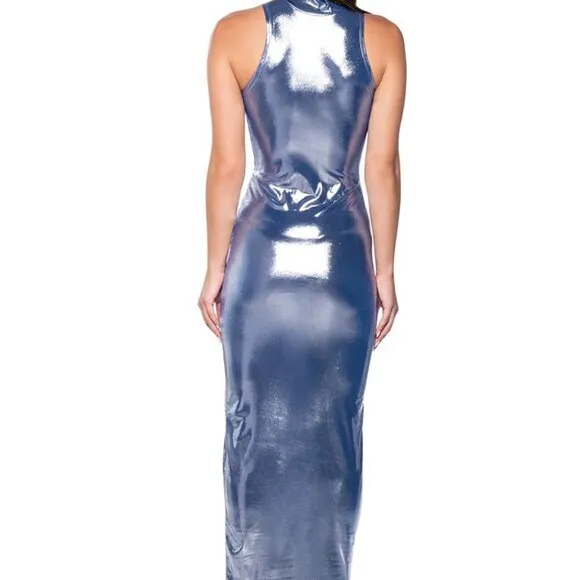 Callie Lives Stasia Metallica: Future Blue Stretch Mid Maxi Dress Large