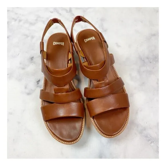 Camper Damas Cognac Brown Strappy Leather Wedge Sandals