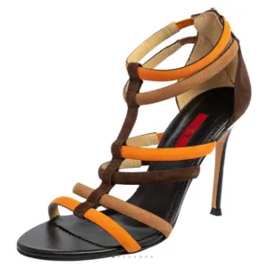 CAROLINA HERRERA Strappy tricolor suede stiletto sandal gladiator brown size 9