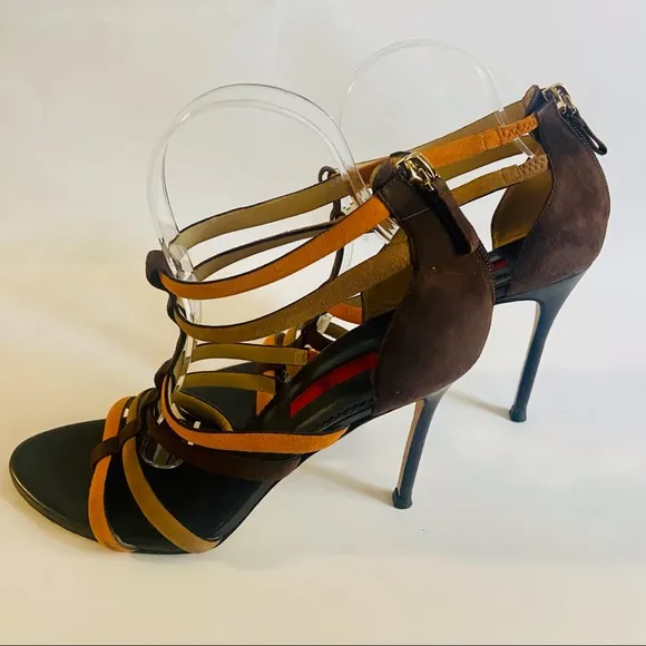CAROLINA HERRERA Strappy tricolor suede stiletto sandal gladiator brown size 9