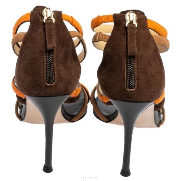 CAROLINA HERRERA Strappy tricolor suede stiletto sandal gladiator brown size 9