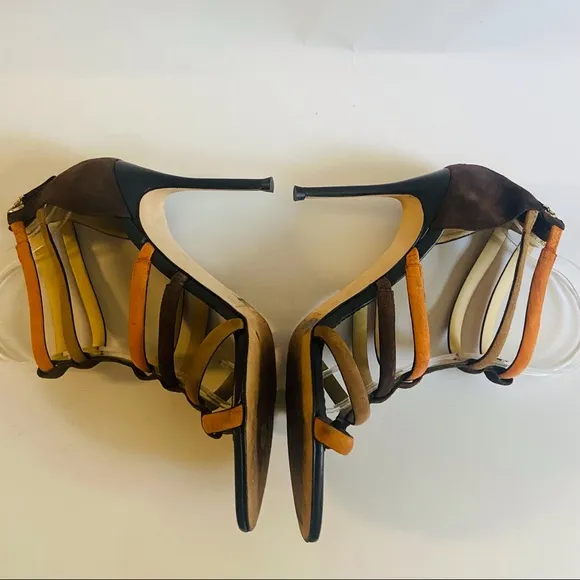 CAROLINA HERRERA Strappy tricolor suede stiletto sandal gladiator brown size 9