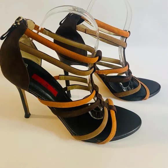 CAROLINA HERRERA Strappy tricolor suede stiletto sandal gladiator brown size 9
