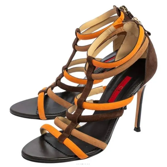 CAROLINA HERRERA Strappy tricolor suede stiletto sandal gladiator brown size 9