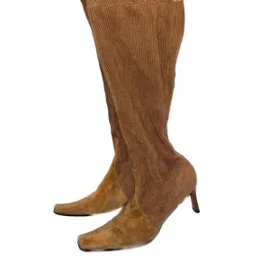 CASADEI Tan Suede Corduroy Knee High Stretch Sock Boots, Square Pointed Toe 7.5