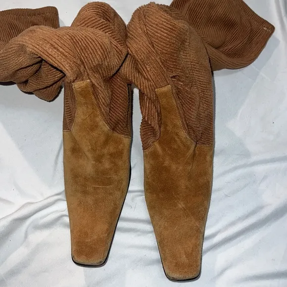 CASADEI Tan Suede Corduroy Knee High Stretch Sock Boots, Square Pointed Toe 7.5