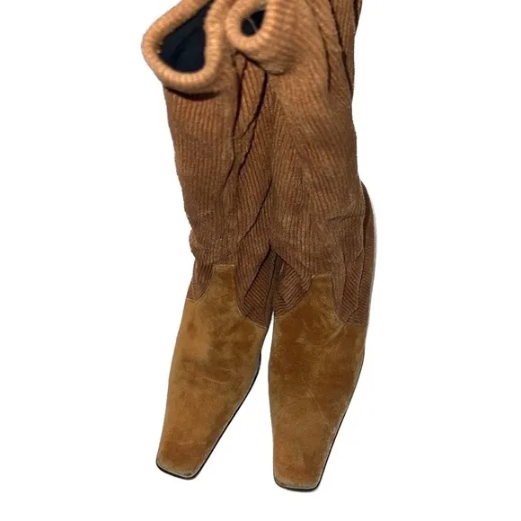 CASADEI Tan Suede Corduroy Knee High Stretch Sock Boots, Square Pointed Toe 7.5