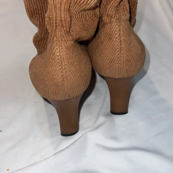 CASADEI Tan Suede Corduroy Knee High Stretch Sock Boots, Square Pointed Toe 7.5