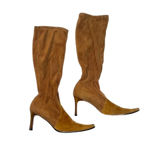 CASADEI Tan Suede Corduroy Knee High Stretch Sock Boots, Square Pointed Toe 7.5