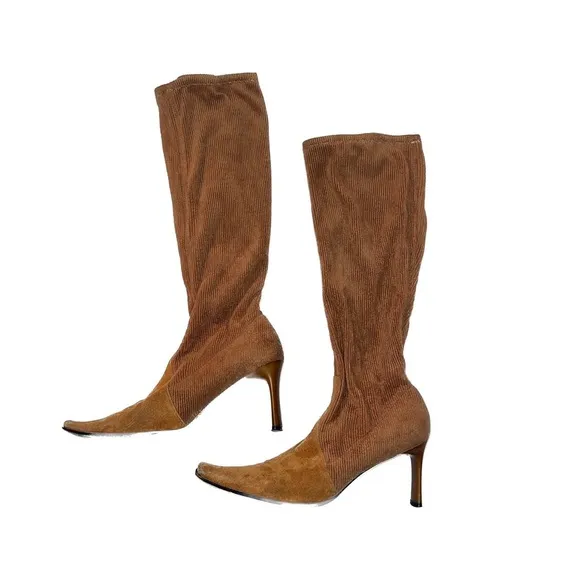 CASADEI Tan Suede Corduroy Knee High Stretch Sock Boots, Square Pointed Toe 7.5