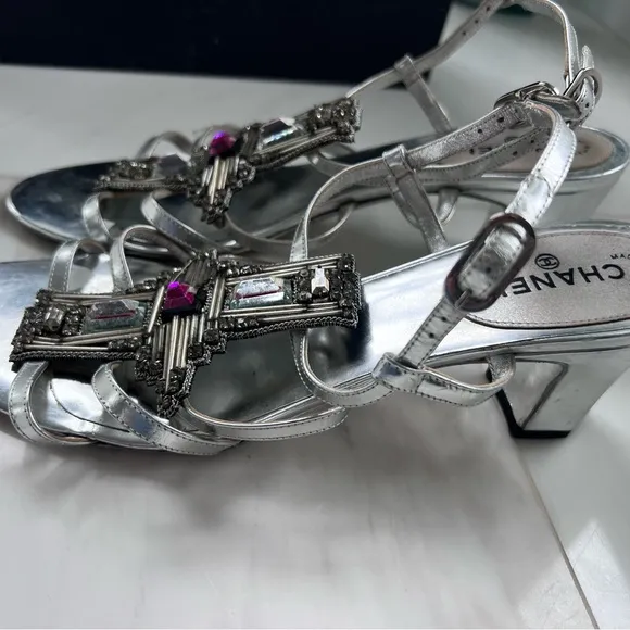 Chanel Silver Strappy Sandals