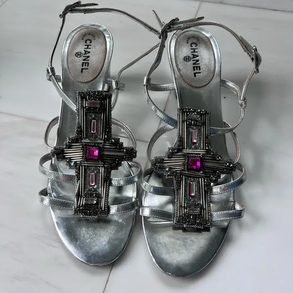 Chanel Silver Strappy Sandals