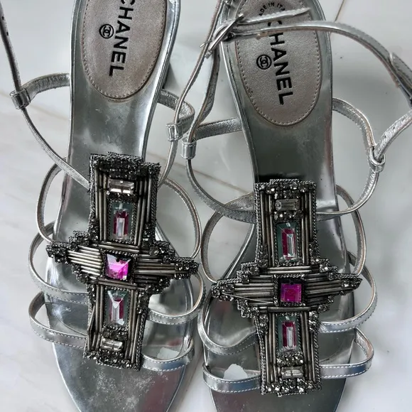 Chanel Silver Strappy Sandals