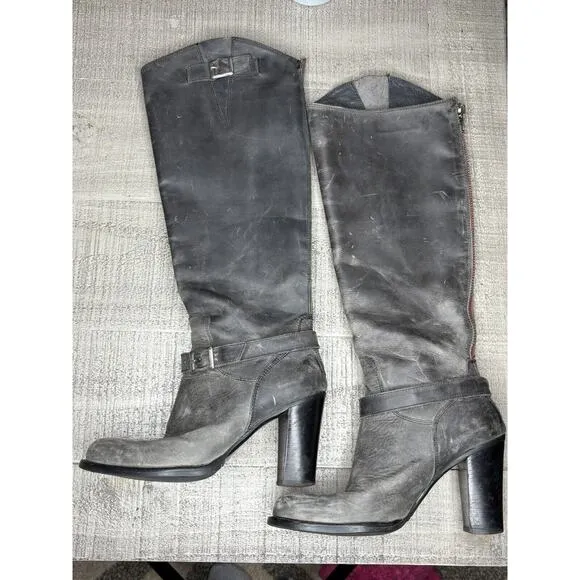 Charles David 6.5 Knee High Boots Block Heel Nubuck Leather Distressed Black