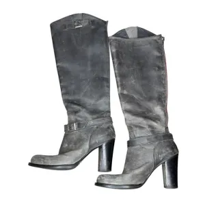 Charles David 6.5 Knee High Boots Block Heel Nubuck Leather Distressed Black