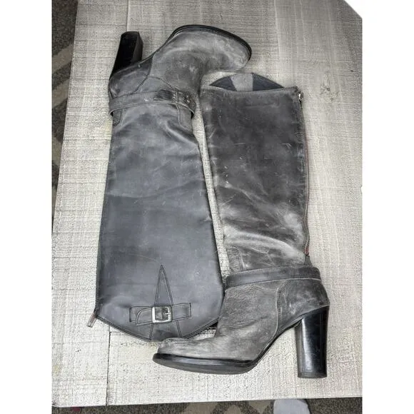 Charles David 6.5 Knee High Boots Block Heel Nubuck Leather Distressed Black