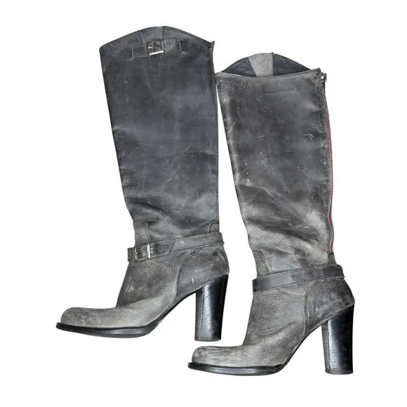Charles David 6.5 Knee High Boots Block Heel Nubuck Leather Distressed Black