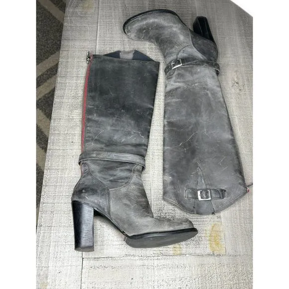 Charles David 6.5 Knee High Boots Block Heel Nubuck Leather Distressed Black