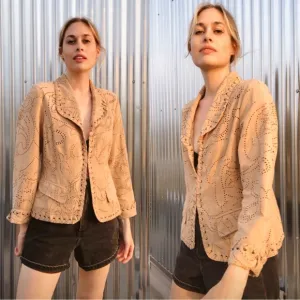 Chico’s Faux Suede Laser Cut Western Jacket Tan Women’s Size 0 / Small