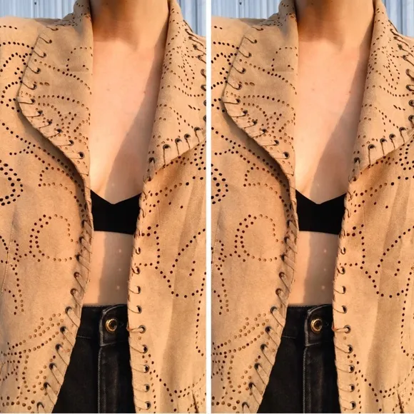 Chico’s Faux Suede Laser Cut Western Jacket Tan Women’s Size 0 / Small