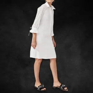 Chico's Shirt Dress Eyelet-Detailed Button Drawstring Cuff Sleeves Alabaster W 1