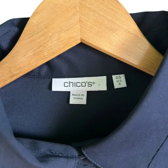 Chico’s Women’s Navy Blue Poplin 3D Appliqué Flower Button Up Shirt Dress Size 6