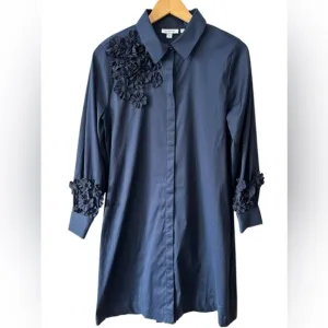 Chico’s Women’s Navy Blue Poplin 3D Appliqué Flower Button Up Shirt Dress Size 6