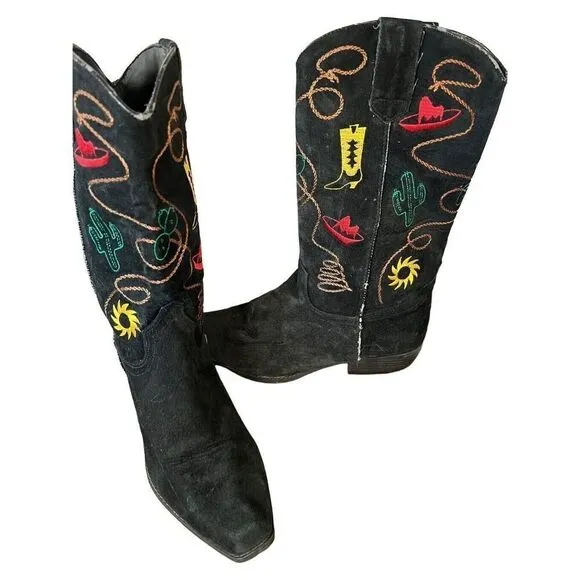 Chilis Black Suede Western Novelty Print Embroidered Cowboy Boot Woman’s 8.5