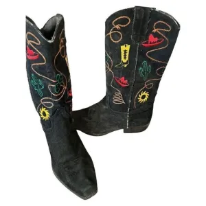 Chilis Black Suede Western Novelty Print Embroidered Cowboy Boot Woman’s 8.5