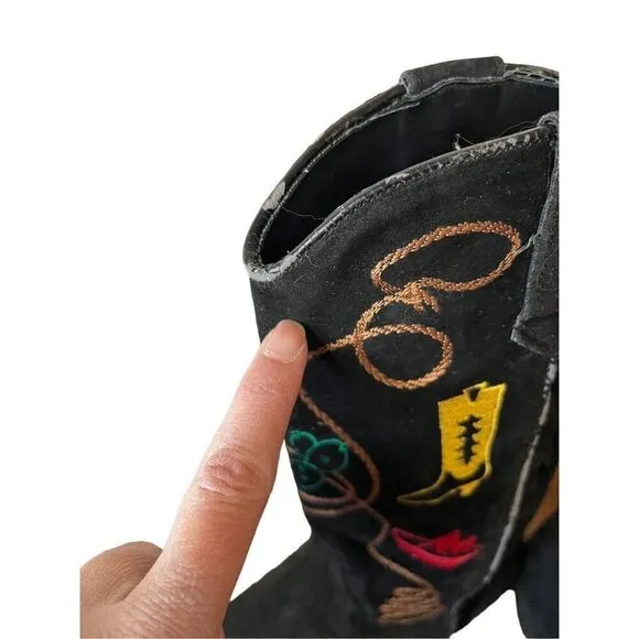 Chilis Black Suede Western Novelty Print Embroidered Cowboy Boot Woman’s 8.5