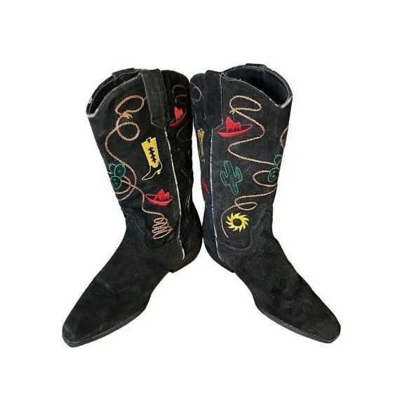 Chilis Black Suede Western Novelty Print Embroidered Cowboy Boot Woman’s 8.5