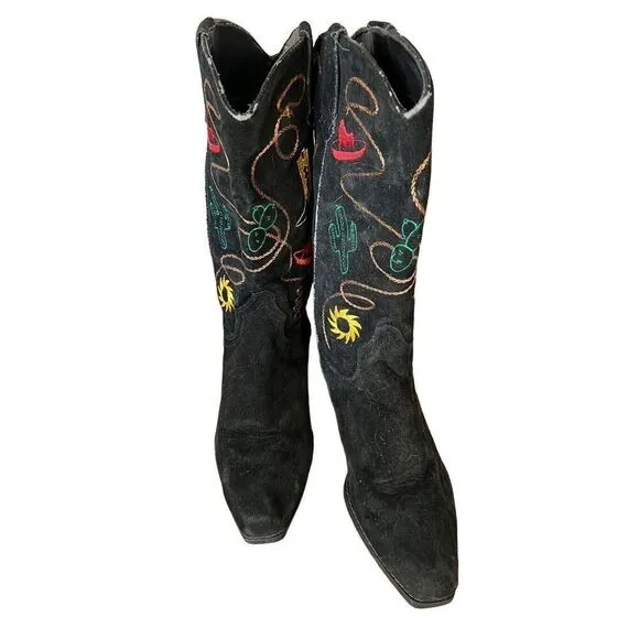 Chilis Black Suede Western Novelty Print Embroidered Cowboy Boot Woman’s 8.5