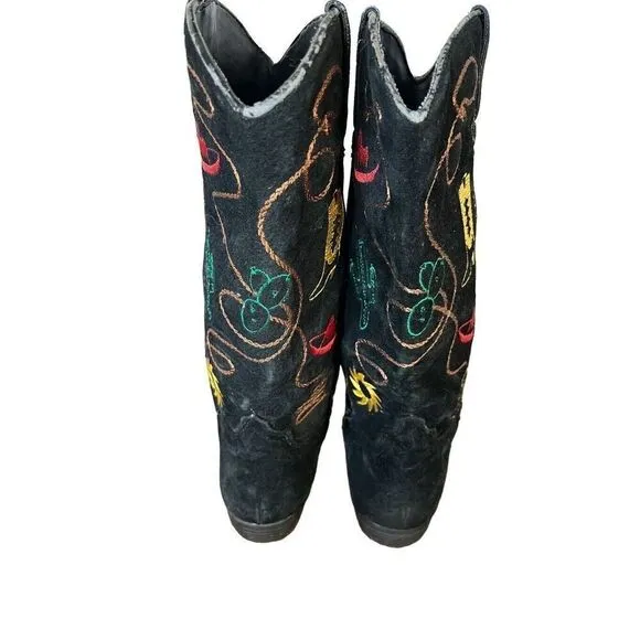 Chilis Black Suede Western Novelty Print Embroidered Cowboy Boot Woman’s 8.5