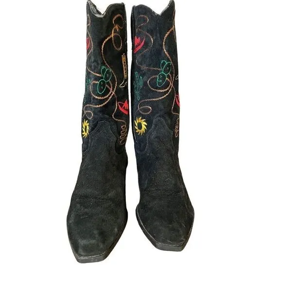 Chilis Black Suede Western Novelty Print Embroidered Cowboy Boot Woman’s 8.5