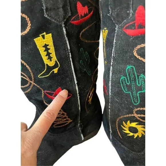 Chilis Black Suede Western Novelty Print Embroidered Cowboy Boot Woman’s 8.5