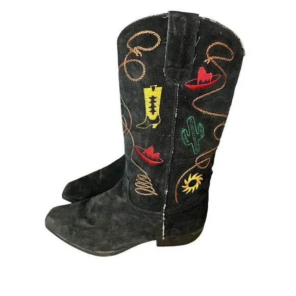 Chilis Black Suede Western Novelty Print Embroidered Cowboy Boot Woman’s 8.5