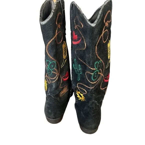 Chilis Black Suede Western Novelty Print Embroidered Cowboy Boot Woman’s 8.5