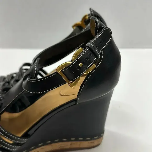 Chloe Marcie Wedges Leather T-Strap Platform High Heel Sandals Black Size 40.5