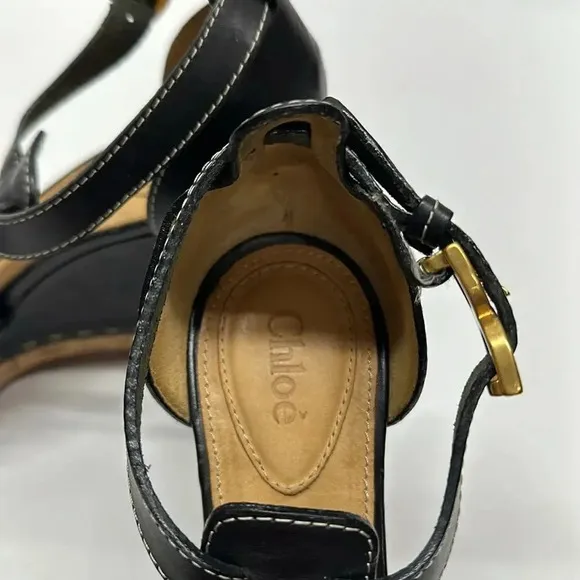 Chloe Marcie Wedges Leather T-Strap Platform High Heel Sandals Black Size 40.5