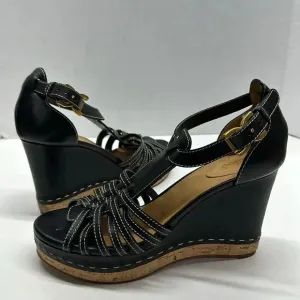 Chloe Marcie Wedges Leather T-Strap Platform High Heel Sandals Black Size 40.5