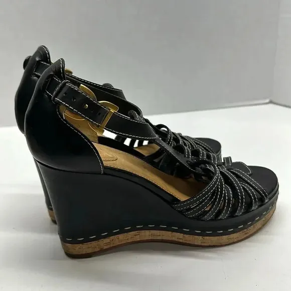 Chloe Marcie Wedges Leather T-Strap Platform High Heel Sandals Black Size 40.5