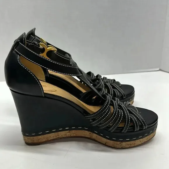 Chloe Marcie Wedges Leather T-Strap Platform High Heel Sandals Black Size 40.5