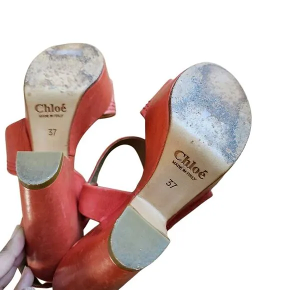 Chloe Sz 37/7 coral Wedge Strappy heel sandals 4'
